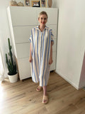 Musselin Maxikleid Kurzarm Streifen Blau/Creme