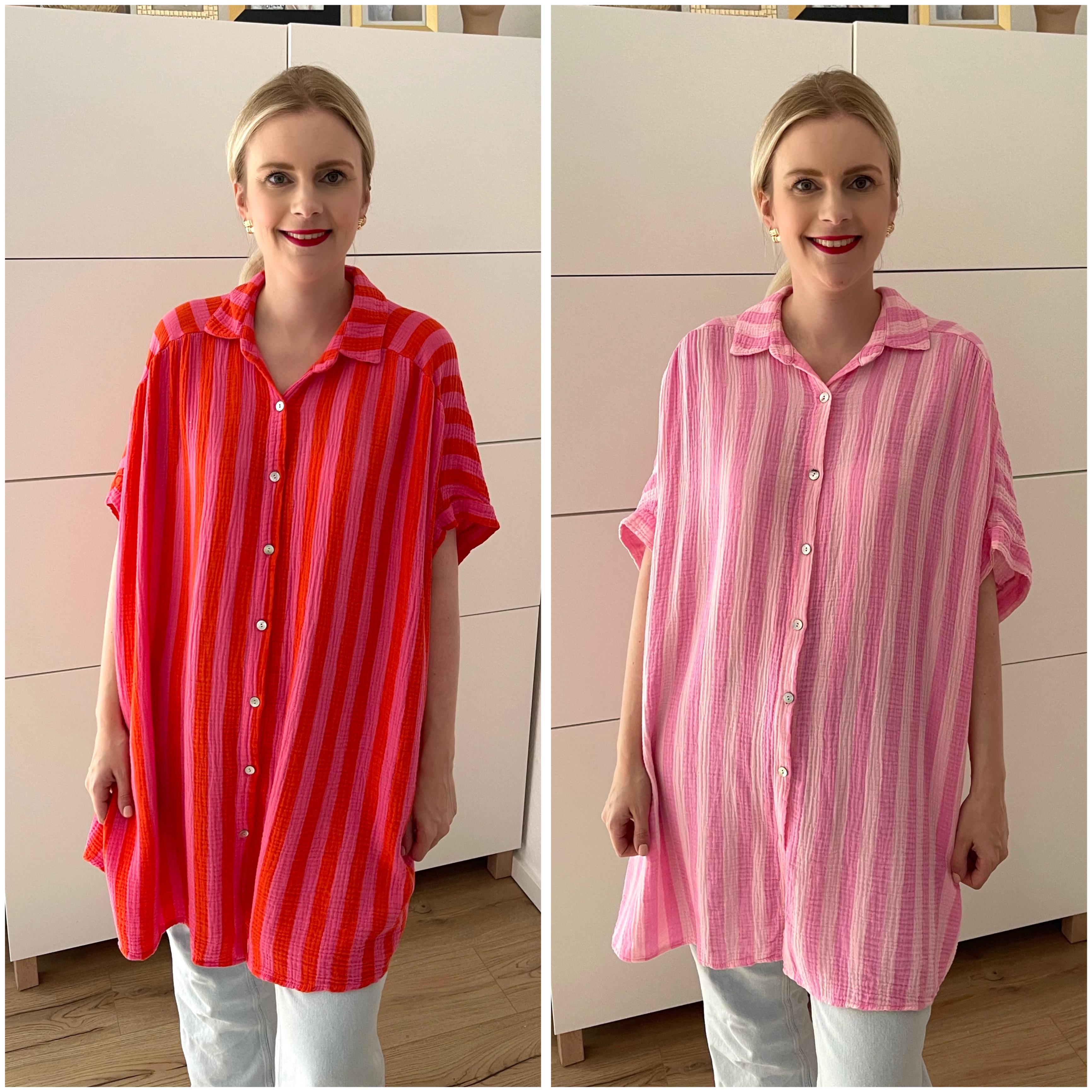 Musselin Bluse Streifen Kurzarm Rosa/Pink