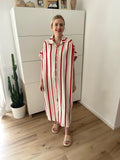 Musselin Maxikleid Kurzarm Streifen Rot/Creme